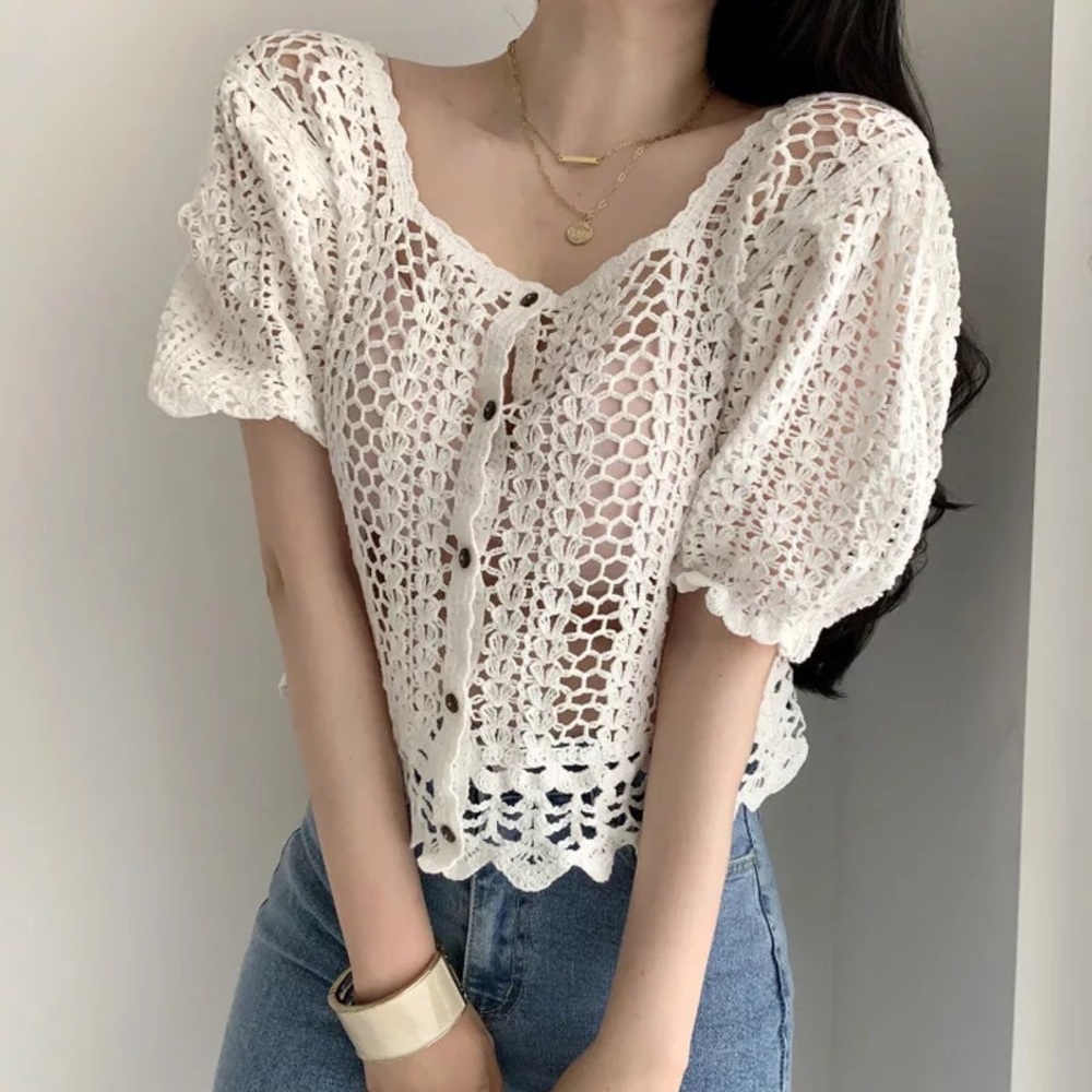 Crochet net blouse button top puff sleeve white cream net